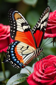 a butterfly sitting on top of a red rose