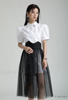 Lasaky - Womens High-waisted Mesh Cami Dress with Shirt Dress Set, Short Sleeve Suspenders Dress, French Dresses, Ropa Upcycling, Chain Clothing, Two Piece Sets Summer, Puffer Jacket Outfit, Peter Pan Collar Shirt, Office Clothes, Elegante Y Chic