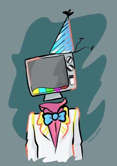 an image of a person with a tv on top of his head that is wearing a bow tie