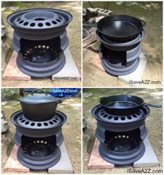 four different views of an outdoor stove