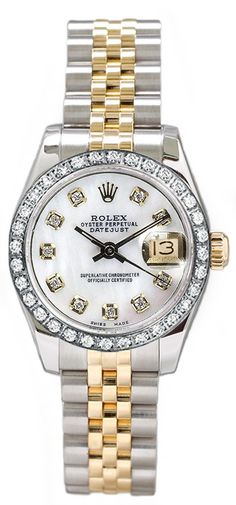 Rolex Women's Datejust Two Tone Custom Diamond Bezel & Mother of Pearl Diamond Dial - Luxury Of Watches. Need to start saving! Rolex Womens, Rolex Datejust Women, Mk Watch, Rolex Women, Rolex Watch, Start Saving, Pearl Diamond, Bezel Diamond