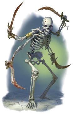 a skeleton is holding two knives in one hand and the other arm extended up with both hands