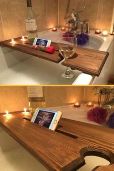 two pictures of a bathtub with candles and an ipad