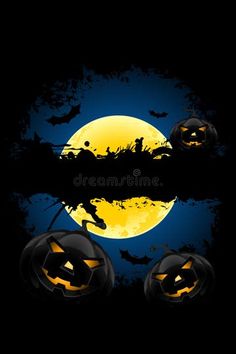 halloween pumpkins with bats and moon in the background royalty illustration