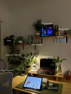 a desk with a laptop computer on top of it next to a plant and clock