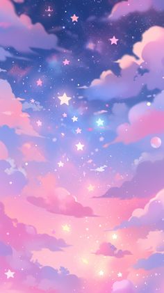 the sky is filled with stars and clouds in pink, blue, and purple colors