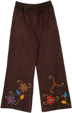 Radiate some unique hippie or bohemian vibes in these washed look wide leg pants style! They are characterized by colorful handmade floral applique work with thread embroidery. The pants have a wide leg pattern and the fabric is canvas cotton, with some body. #tlb #SplitSkirtsPants #Pocket #Yoga #vacationclothing #CottonPantswithpockets #Unisexbohopants #Bohocargopants #Unisexpantswithpockets Wide Leg Brown Pants, Frank Core, Magic Outfits, Nature Clothes, Look Wide Leg, Funky Pants, Earthy Style, Applique Work, Retro Pants