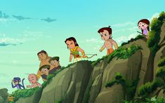 several cartoon characters are standing on the edge of a cliff