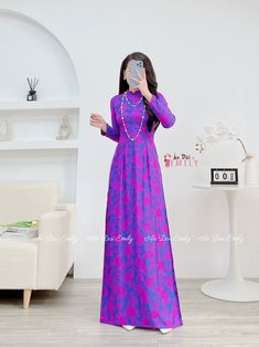 🌻Material: Gấm Thái Tuấn Stretchy level: 0/10 🌻 The measurement of this ao dai (long dress) is in Vietnamese size (American size tends to be bigger for the same size). Please LOOK AT THE SIZE CHART CAREFULLY BEFORE ORDERING. There might have some chalk writings on the fabric due to making process. These marks can be washed away easily. 🌻No return or exchange 💜 Thank you very much!💜 Traditional Ao Dai For Spring Party, Spring Party Traditional Ao Dai, Traditional Long Sleeve Purple Maxi Dress, Traditional Purple Long Sleeve Maxi Dress, Festive Fitted Blue Ao Dai, Spring Purple Ao Dai, Traditional Pink Long Sleeve Ao Dai, Long Sleeve Ao Dai For Eid Wedding, Long Sleeve Ao Dai For Wedding Eid Festival