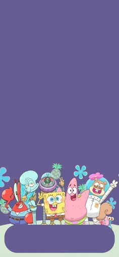 an image of cartoon characters in the middle of a purple background with space for text