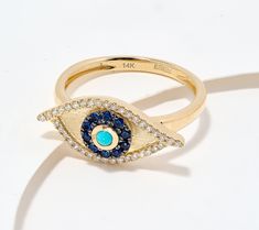 Here's looking at you! The evil-eye design on this decadent ring is elegantly outlined in diamonds and gets its stellar stare from sapphires surrounding a turquoise center. Does wearing it mean you're superstitious or super stylish? You can be both with this eye-catching piece. From Effy. Evil Eye Design, Evil Eye Ring, Eye Ring, Eye Design, Evil Eye, Jewelry Box, Jewelry Rings, Sapphire, Diamonds