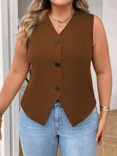 Marrón Casual Collar sin mangas Tela tricotada Liso Chaleco Embellished No-Elástico Casual Brown Vest With Button Closure, Brown Cotton Vest With Button Closure, Beige V-neck Vest With Buttons, Brown V-neck Vest With Buttons, Brown Sleeveless Single-breasted Vest, Chaleco Casual