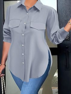 Plus Size Fashionable Solid Color Button Down Shirt With Curved Hemline Grey Casual  Long Sleeve Woven Fabric Plain Shirt Non-Stretch  Women Plus Clothing, size features are:Bust: ,Length: ,Sleeve Length: Women Long Shirt Outfit, Shirts With Jeans Women, Shirt Sleeves For Women, African Shirts For Women, Shirt Styles For Women, Long Shirts For Women, Women Long Shirt, Button Down Shirt Outfit, Long Shirt Outfits