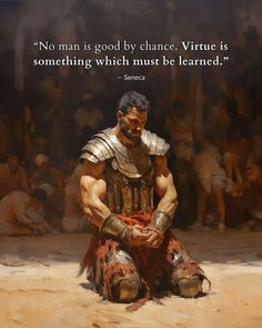 a painting of a man in armor sitting on the ground with a quote above him