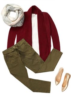 Olive green skinny jeans | HOWTOWEAR Fashion Cute Scarfs, Red Cardigan, Flattering Dresses, Material Girls, Beautiful Blouses, Fall Style, Black Bottoms, Long Cardigan