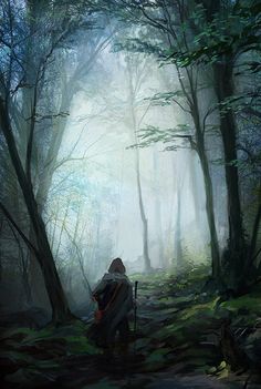 a painting of a man in the woods with a staff walking through the foggy forest