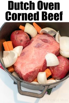 a pot filled with meat and vegetables on top of a stove next to the words dutch oven corned beef