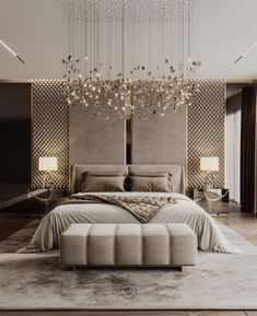 a bedroom with a large bed and chandelier hanging from the ceiling