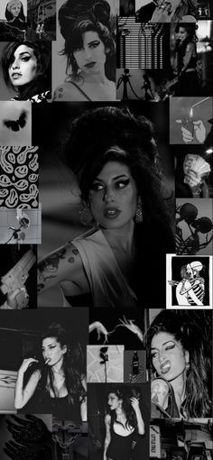 black and white photo collage with many different pictures on it's side, including an image of a woman