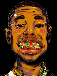 a drawing of a man with gold teeth and piercings on his face, wearing an elaborate necklace