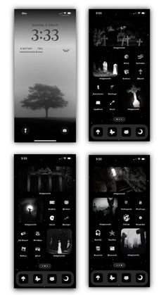 four black and white screens with different images