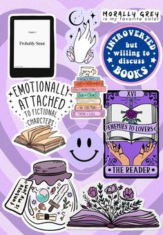 an assortment of stickers that include books, flowers and smiling faces on purple background