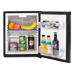 an open refrigerator filled with lots of food and drinks on top of it's doors