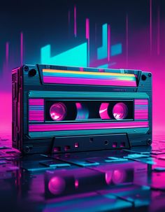 an old - fashioned cassette player with neon lights on the side, in front of pink and blue background