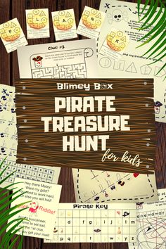 the pirate treasure hunt for kids is on display in front of a wooden table with paper cut