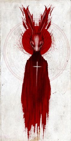 a painting with red paint on it that looks like a demon head and cross in the middle