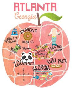 an illustrated map of atlanta shows the locations where people are going to eat and drink