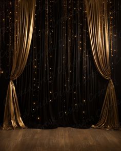 an empty stage with gold curtains and lights