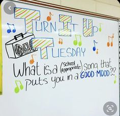 a white board with writing on it in front of a bulletin board that says turn left up tuesday