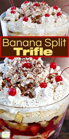 Banana Split Trifle Banana Split Trifle, Banana Split Dessert Recipes, Trifle Bowl Recipes, Picnic Desserts, Banana Split Cake, Split Cake, Bbq Desserts, Banana Split Dessert