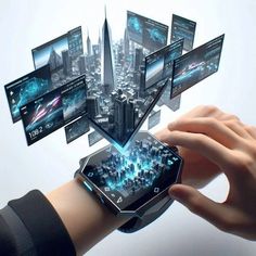 a person is holding up a smart watch with futuristic images on it's screen