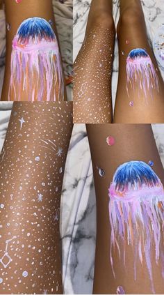 four different pictures of legs with jellyfish on them