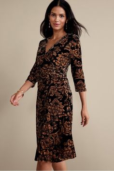 You love the fit of this dress. From the shapely surplice top to the flattering side shirring to the easy, flowy skirt, it works beautifully on every body. Made from our softest-ever velvet for chic sophistication, you'll want it in both pure black and the lush floral print. Chic Velvet V-neck Dress, Elegant Fall Wrap Dress With Surplice Neckline, Fall Velvet V-neck Dress, Elegant Ruched Velvet Dress, Velvet V-neck Dress For Date Night, Elegant Velvet V-neck Dress For Fall, Chic Velvet V-neck Dress For Formal Events, Elegant V-neck Velvet Dress, Elegant Velvet V-neck Dress