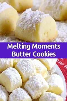 valentine melting moments butter cookies with powdered sugar on top and the words, valentine melting moments butter cookies