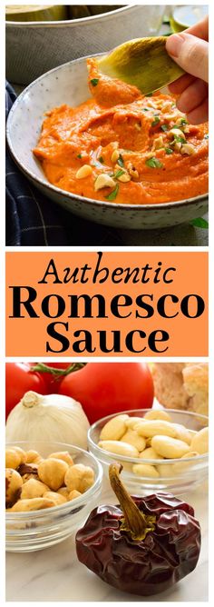 some different types of food in bowls on a table with the words authentic romeco sauce