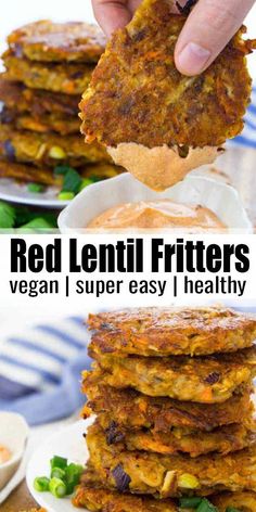 a stack of red lentil fritters is being held up with a fork