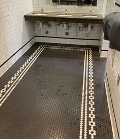 Vintage, black tile with white accents Black And White Penny Tile Floor, 1920s Tile Floor, Paris Bathroom Ideas, Black Penny Tile Floor, Black And White Penny Tile Bathroom, Black And White Mosaic Tile Bathroom, Black Penny Tile Bathroom, Vintage Black And White Tile, Black Mosaic Tile Bathroom