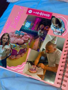 a pink book with pictures of people and cakes