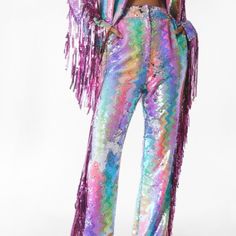 Such Fun Pants For The Right Event Or Costume. Nwt. Smoke-Free Home. *I Wore These Pants In A Size 8 For Halloween This Year For Reference* Sequence Outfits, Sparkly Pants, Sequin Flare Pants, Rainbow Pants, Ripped Leggings, Harry Styles Outfit, Brown Flares, Pink Seersucker, Printed Flare Pants