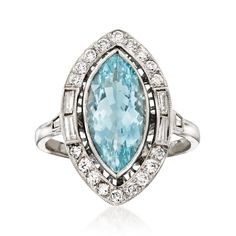 Ross-Simons - C. 1950 Vintage 2.73ct Aquamarine, .55ct t. w. Diamond Ring Marquise Cut Size 7. C. 1950. Icy jewels are a sure way to beautify your look. From our Estate collection and the Retro era, this stunning ring boasts a scintillating 2.73 carat marquise aquamarine inside an exceptional halo of .55 ct. t. w. baguette and round brilliant-cut diamonds. A sleek platinum band completes the design. 7/8" wide. Diamond and aquamarine ring. Exclusive, one-of-a-kind Estate Jewelry. Aquamarine birth Aquamarine Ring Vintage, Aquamarine Birthstone, Retro Era, Ring Marquise, 1950 Vintage, Aquamarine Ring, Aquamarine Rings, Marquise Cut, Round Brilliant Cut Diamond