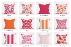 the different types of pillows are shown in various colors and sizes, including pink, red, orange, yellow, white