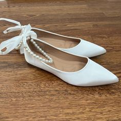 Brand New, Comfy White Satin Flats With Pearl Ankle Bow. Pointed Toe Formal White Pointed Toe Flats, Formal White Leather Pointed Toe Flats, Elegant White Slip-on Pointed Toe Flats, White Pearl Embellished Pointed Toe Wedding Shoes, Pearl Flats, Elegant Pearl-embellished Formal Flats, Bride Shoes Flats, 8th Grade Formal Dresses, Bride Flats