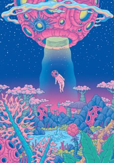 an illustration of a pink alien floating in the sky