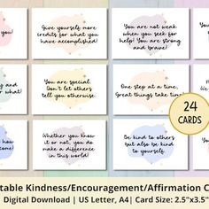 four different cards with the words printable kindness / enouragement affirmation cards