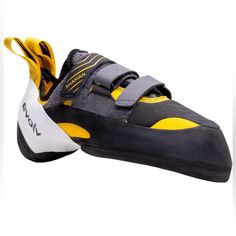 a pair of climbing shoes with yellow and black accents