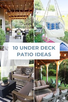 an outdoor patio with lots of furniture and lights